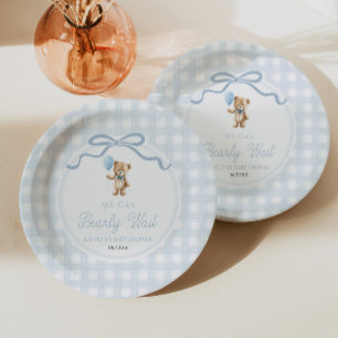 We Can Bearly Wait Blue Teddy Bear Baby Shower Paper Plate