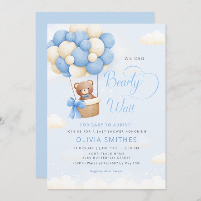 We can Bearly Wait Blue Teddy Bear Boy Baby Shower Invitation (Front/Back)