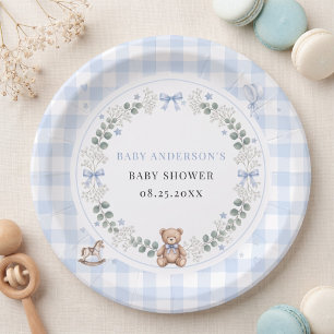 We Can Bearly Wait Blue Watercolor Boy Teddy Bear Paper Plate