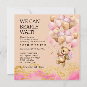 We Can Bearly Wait Blush Pink And Gold Abstract Invitation
