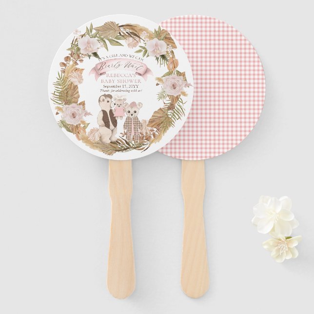 We Can Bearly Wait Boho Bear Family Baby Shower  H Hand Fan (Front and Back)