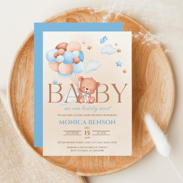 We Can Bearly Wait Boho Blue Beige Baby Shower  Invitation (Creator Uploaded)