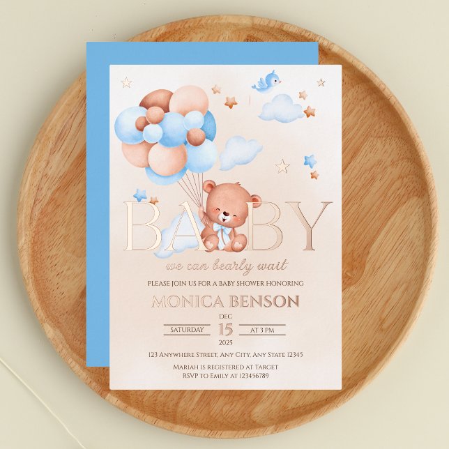 We Can Bearly Wait Boho Blue Beige Boy Baby shower (Creator Uploaded)