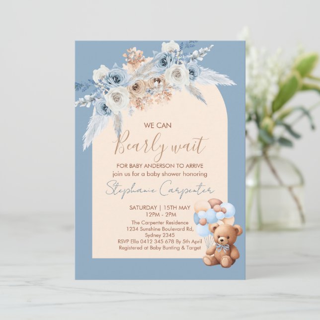 We Can Bearly Wait Boho Boy Baby Shower Invitation (Standing Front)