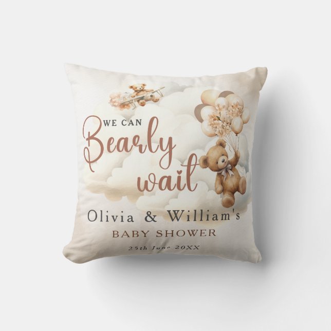 We Can Bearly Wait Boho Gender Neutral Baby Shower Cushion (Front)