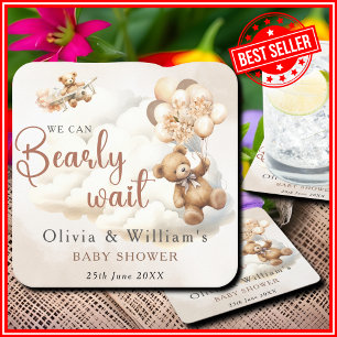 We Can Bearly Wait Boho Gender Neutral Baby Shower Square Paper Coaster