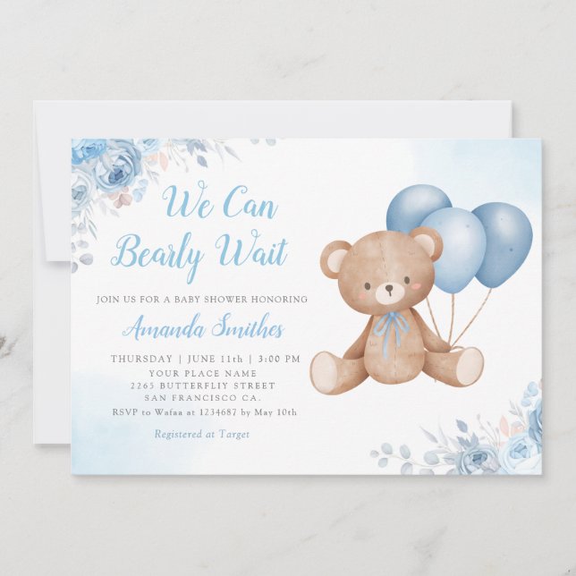 We Can Bearly Wait Boho Teddy Bear Boy Baby Shower Invitation (Front)