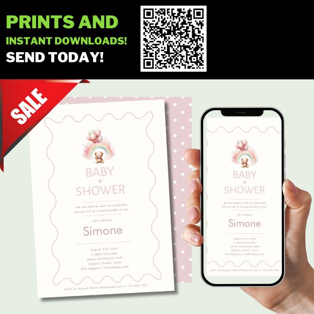 We Can Bearly Wait Boho Teddy Bear Pink Invites (Creator Uploaded)