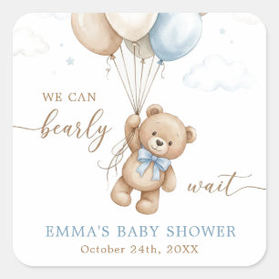 We Can Bearly Wait Boy Baby Shower Custom Square Sticker