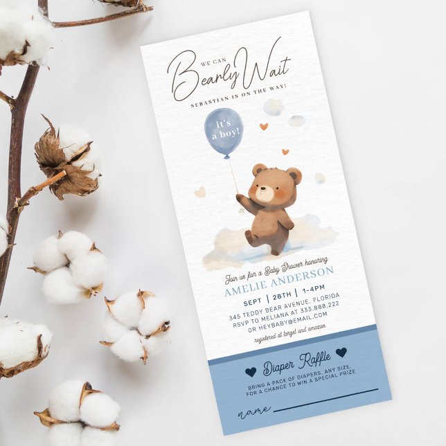 We Can Bearly Wait Boy Baby Shower diaper raffle  Invitation (Creator Uploaded)