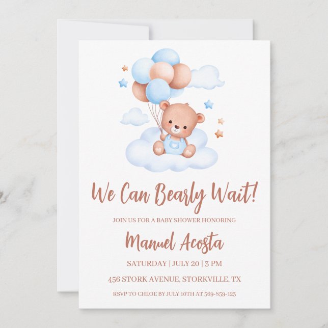 We Can Bearly Wait Boy Baby Shower Invitation (Front)
