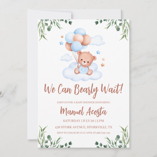 We Can Bearly Wait Boy Baby Shower Invitation (Front)