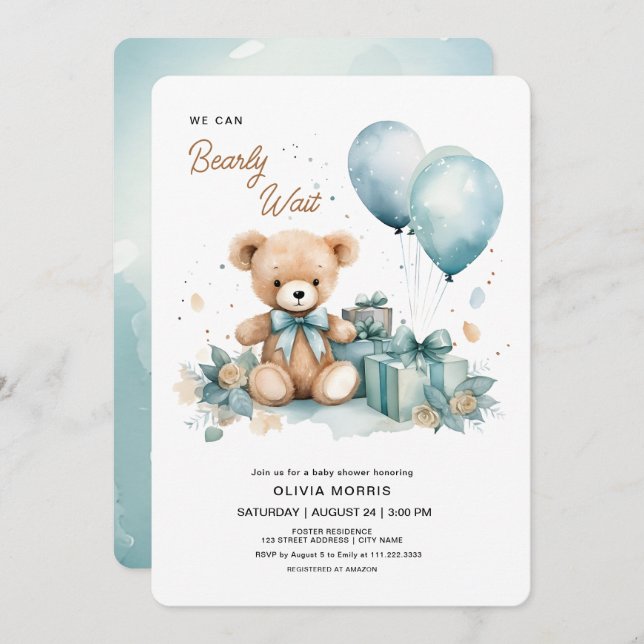 We Can Bearly Wait Boy Baby Shower Invitation (Front/Back)