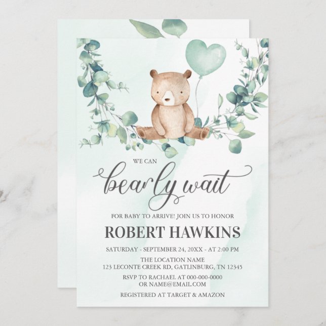 We Can Bearly Wait Boy Baby Shower Invitation (Front/Back)
