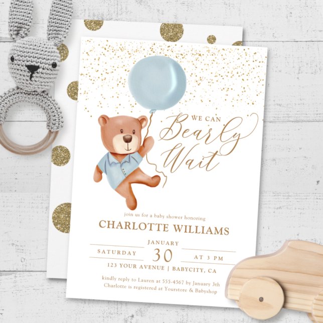 We Can Bearly Wait Boy Baby Shower  Invitation (Creator Uploaded)
