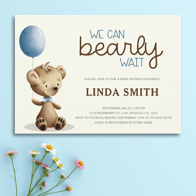 We Can Bearly Wait Boy Baby Shower  Invitation (Creator Uploaded)