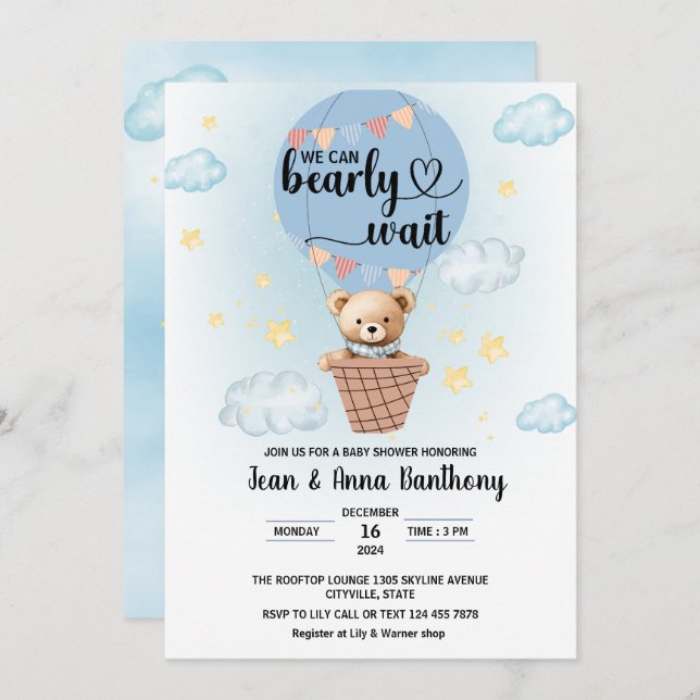 we can bearly wait boy baby shower invitation (Front/Back)