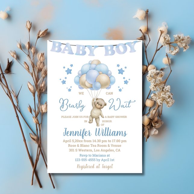 we can bearly wait, boy baby shower teddy bear  invitation (Creator Uploaded)