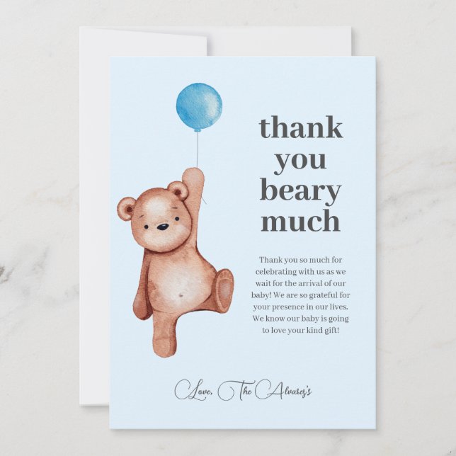 We Can Bearly Wait Boy Baby Shower Thank You Card (Front)