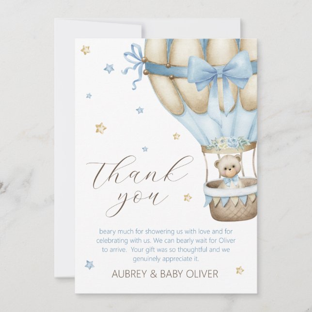 We Can Bearly Wait Boy Baby Shower Thank You Card (Front)