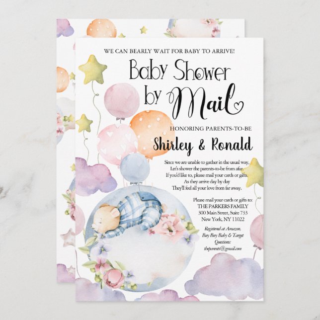We Can Bearly Wait Boy Bear Baby Shower By Mail Invitation (Front/Back)