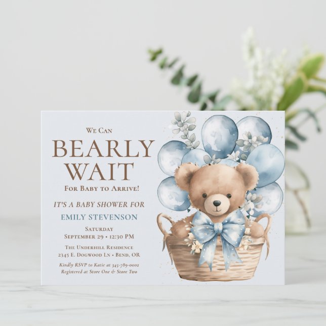 We Can Bearly Wait Boy Bear In Basket Baby Shower Invitation (Standing Front)