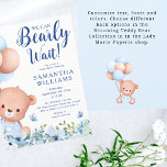 We Can Bearly Wait Boy Blue Baby Shower Invitation<br><div class="desc">This cute "We Can Bearly Wait" baby shower invitation features an sweet teddy bear with balloons in shades of blue and is perfect for a mum expecting a baby boy. The simple, modern design features blue watercolor flowers and greenery in dusty blue and navy blue. Your text is written in...</div>