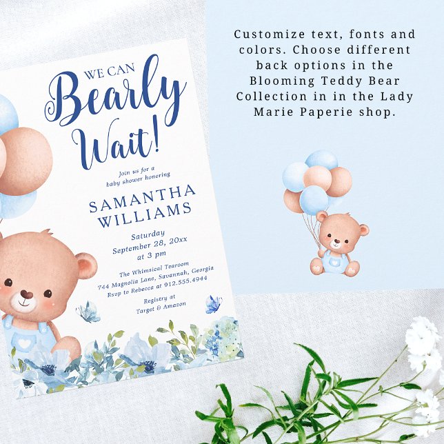 We Can Bearly Wait Boy Blue Baby Shower Invitation (Creator Uploaded)