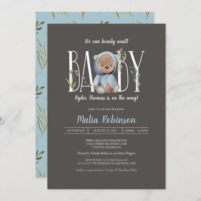 We Can Bearly Wait! Boy Blue Teddy Bear Shower Invitation (Front/Back)
