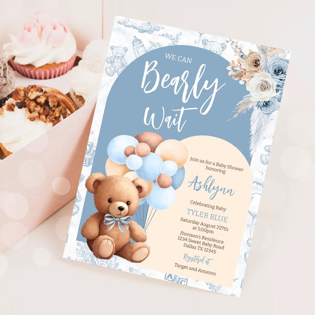 We Can Bearly Wait Boy Boho Bear Baby Shower Invitation (Creator Uploaded)