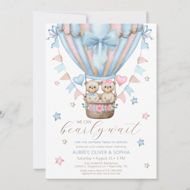We Can Bearly Wait Boy Girl Twin Baby Shower Invitation (Front)