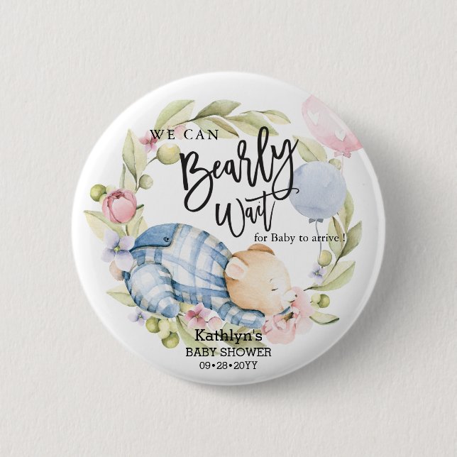 We Can Bearly Wait Boy Teddy Bear Baby Shower 6 Cm Round Badge (Front)
