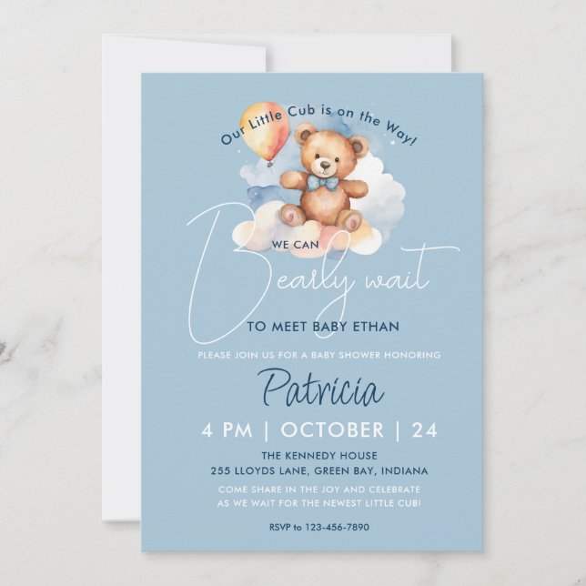 We Can Bearly Wait Boy Teddy Bear Baby Shower Invitation (Front)