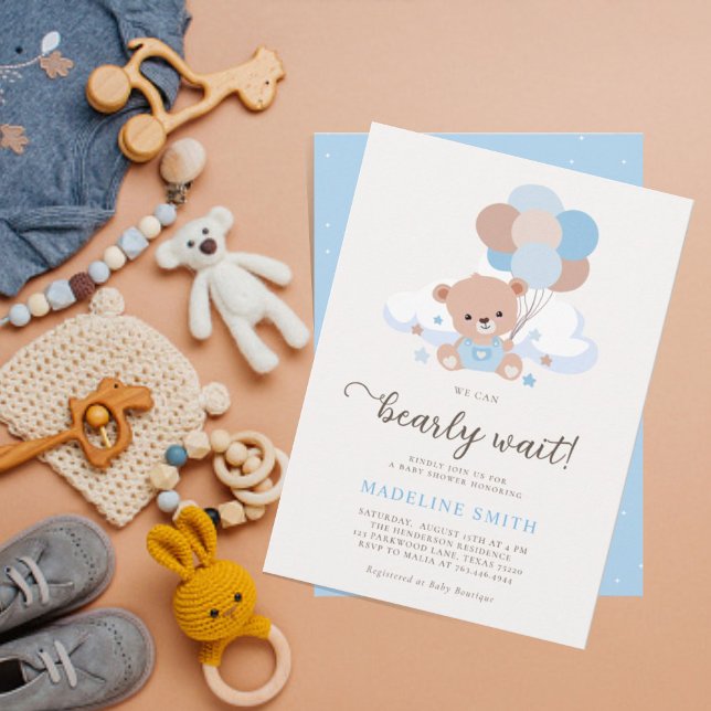 We Can Bearly Wait Boy Teddy Bear Baby Shower Invitation (Creator Uploaded)