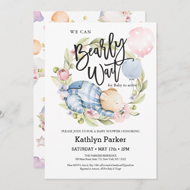 We Can Bearly Wait Boy Teddy Bear Baby Shower Invitation (Front/Back)