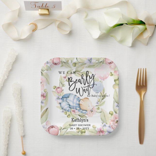 We Can Bearly Wait Boy Teddy Bear Baby Shower Paper Plate (Wedding)