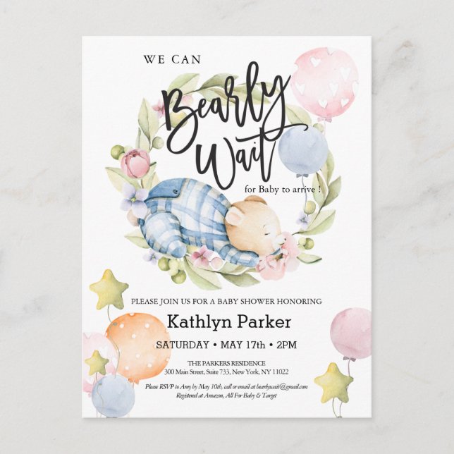 We Can Bearly Wait Boy Teddy Bear Baby Shower Postcard (Front)