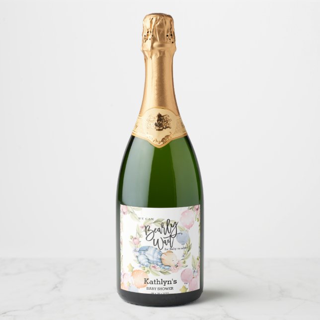 We Can Bearly Wait Boy Teddy Bear Baby Shower Sparkling Wine Label (Front)