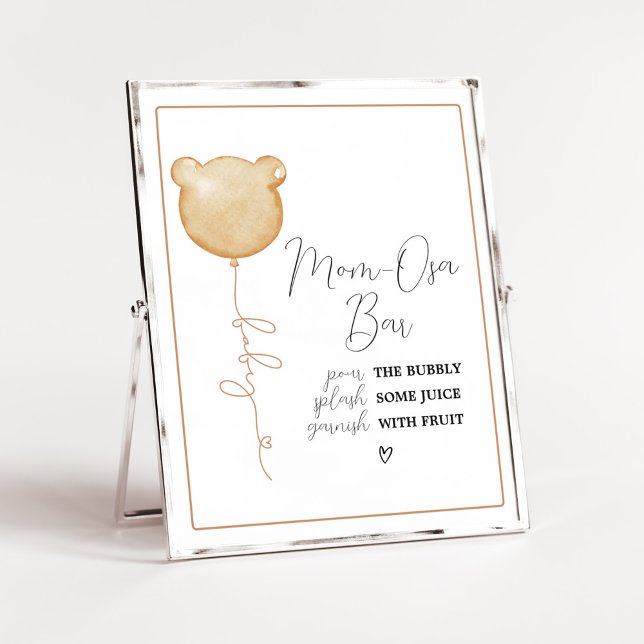 We Can Bearly Wait Brown Balloon Baby Mum Osa Bar Poster (Gender Neutral Minimalist Bear Baby Shower Mom Osa Bar Sign)