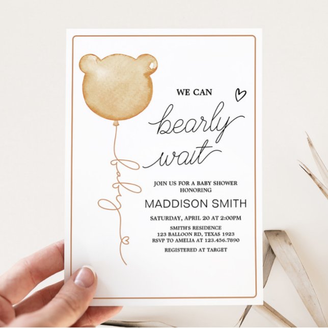 We Can Bearly Wait Brown Balloon Baby Shower Invitation (Gender Neutral Minimalist Bear Baby Shower Invitation)