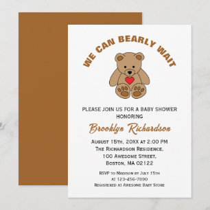 We Can Bearly Wait Brown Teddy Bear Baby Shower Invitation