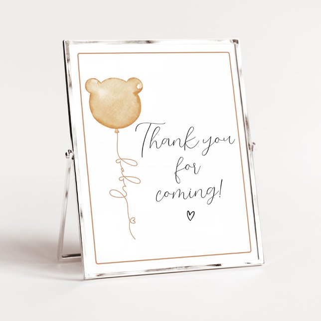 We Can Bearly Wait Brown Thank you for Coming Poster (Gender Neutral Minimalist Bear Baby Shower Thank you for Coming Sign)