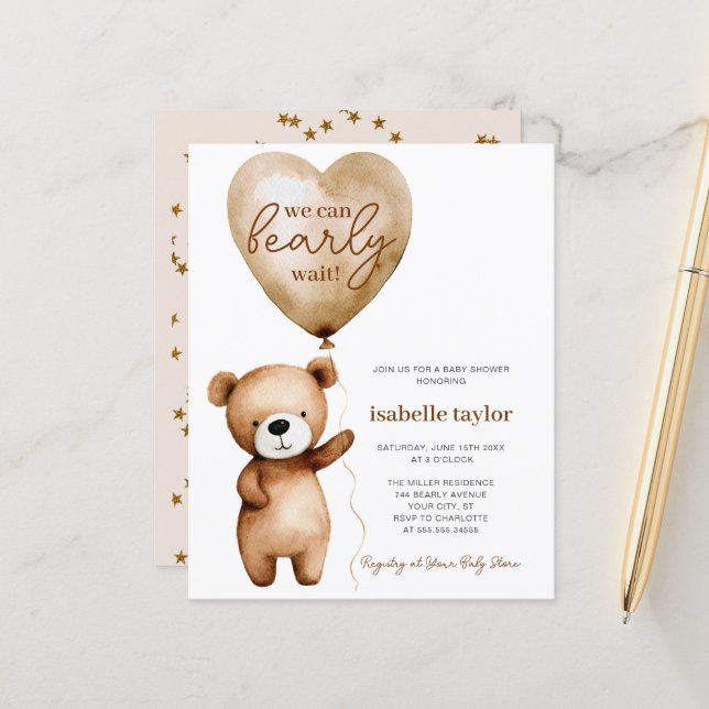 We Can Bearly Wait Budget Baby Shower Invitation (Front/Back In Situ)