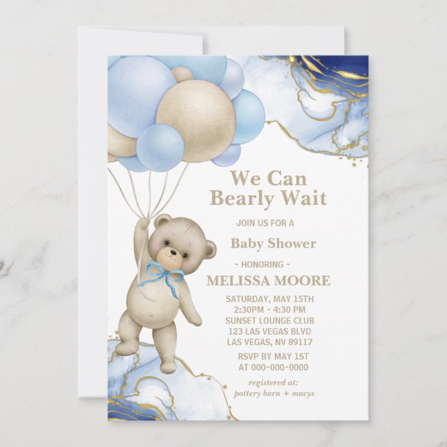 We Can Bearly Wait Champagne Gold Invitation (Front)
