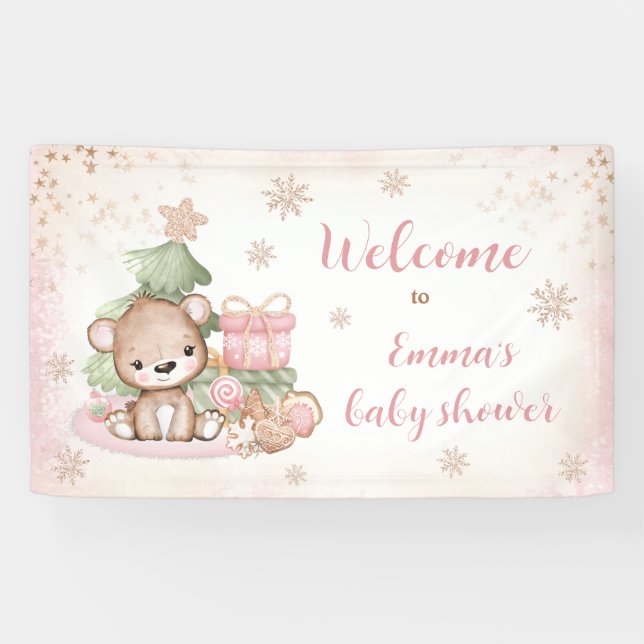 We Can Bearly Wait Christmas Girl Baby Shower Banner (Horizontal)