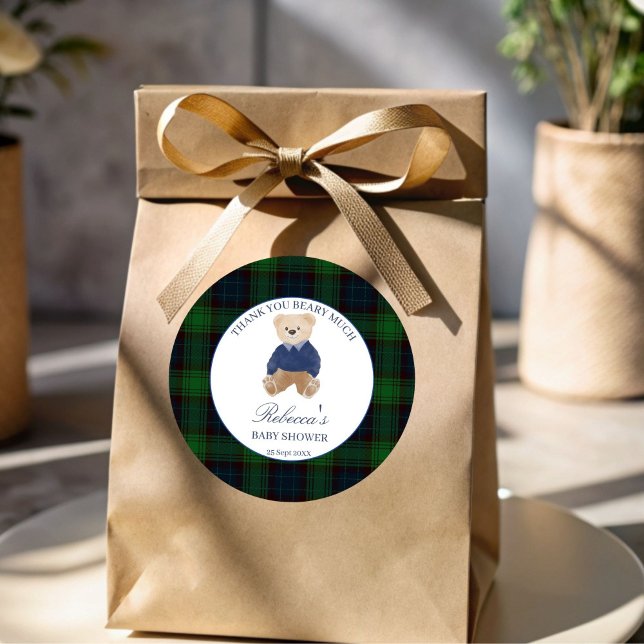 We can bearly wait classic plaid baby shower favou round sticker (We can bearly wait green plaid  polo teddy bear baby shower favor stickers)