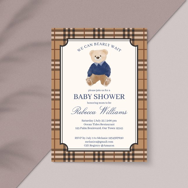 We can bearly wait classic plaid baby shower invitation (We can bearly wait classic brown plaid teddy bear elegant baby shower invitation cards template)