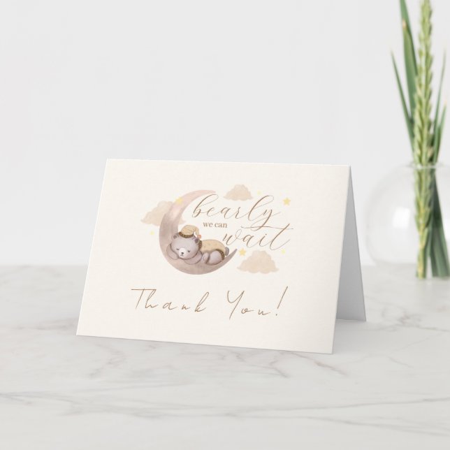 We Can Bearly Wait Cub Bear Moon Star Baby Shower Thank You Card (Front)