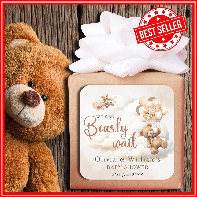 We Can Bearly Wait Cub Brown Baby Shower Square Sticker (Creator Uploaded)