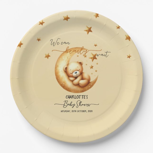 We Can Bearly Wait Cute Baby Bear Baby Shower Paper Plate (Front)